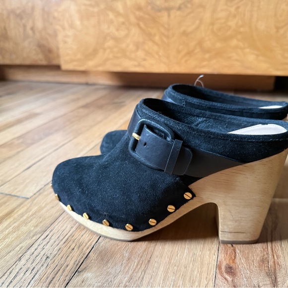 Veronica Beard Black Suede Studded Wooden Clog Mules - Picture 8 of 8